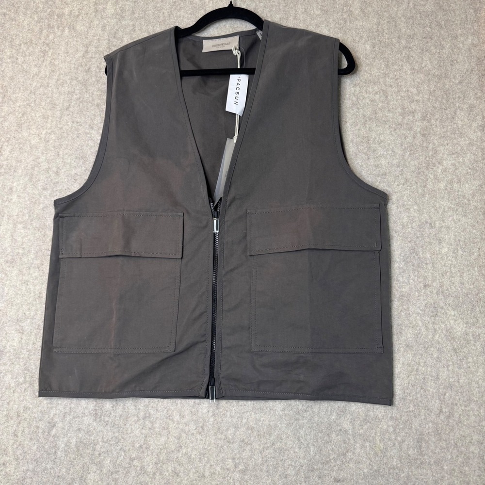 Fear of God Essentials Utility Vest Zip Front Mens Small Charcoal Grey Faded NWT